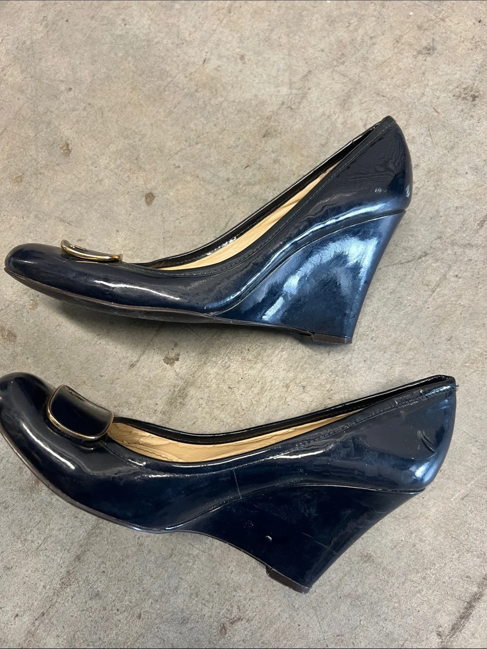 Ralph Lauren Navy Patent Leather Pumps with Gold RL Medallion